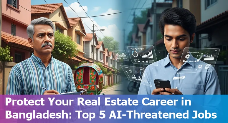 Real estate professionals and AI icons over a Bangladesh map showing jobs at risk and adaptation steps