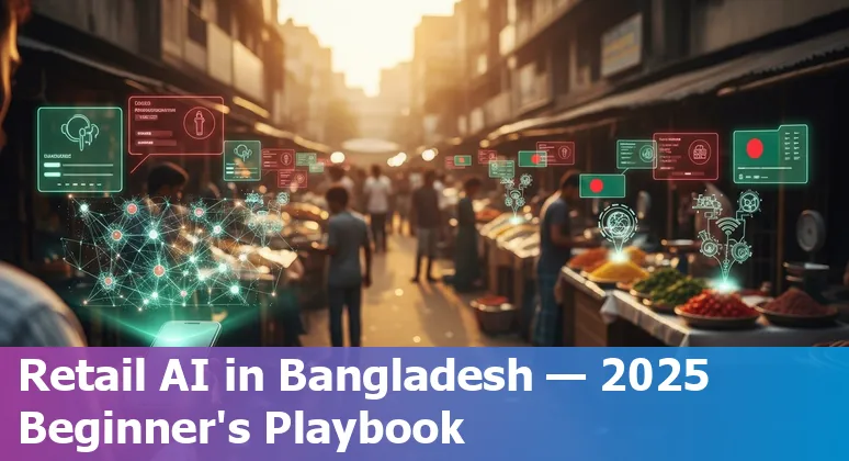 Illustration of AI in retail with Bangladesh map and e-commerce icons for Bangladesh
