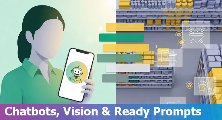 Illustration of AI-driven retail in Bangladesh: mobile shopper, chatbot, smart shelves, and supply chain charts.