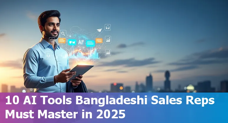 Sales professional in Bangladesh using AI-powered sales tools on a laptop, with Dhaka skyline in the background.