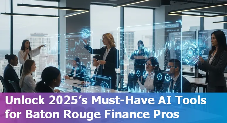 Finance professional using AI tools on laptop with Baton Rouge skyline background