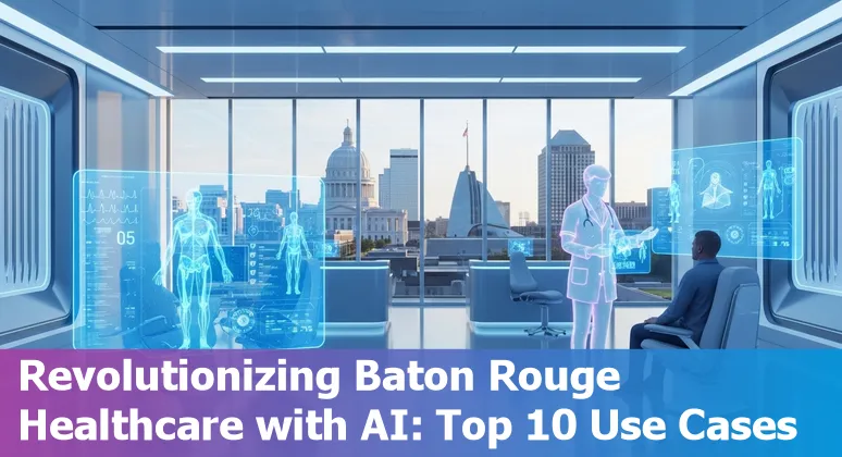 Illustration showing AI integration in Baton Rouge healthcare with iconic city skyline and medical technology.