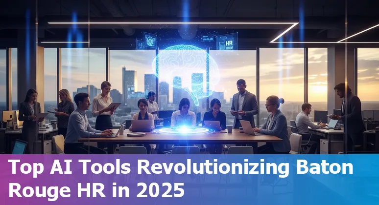 Illustration of diverse HR professionals using AI-powered tools on computers in Baton Rouge office