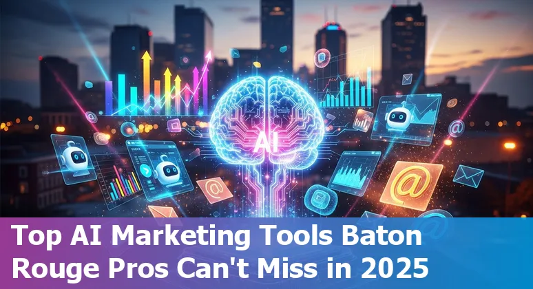Illustration of AI tools icons surrounding a Baton Rouge city skyline and marketing graphics.