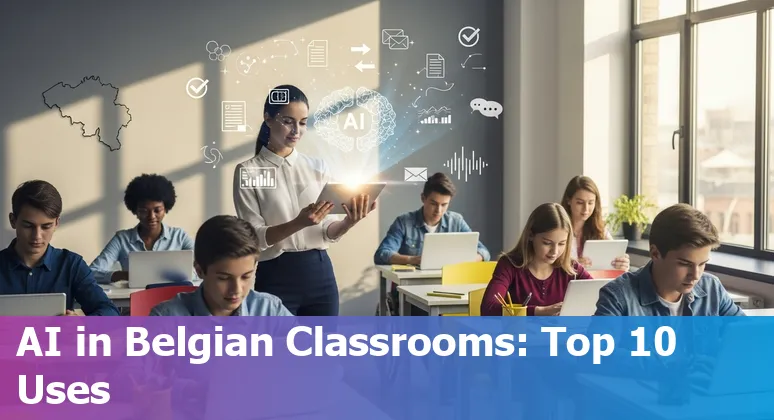 Belgian classroom with AI icons: personalized learning, automated grading, multilingual support, accessibility and analytics.