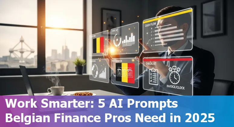 Finance professional in Belgium using AI prompts on a laptop to generate cash forecasts, board slides and reconciliation reports.