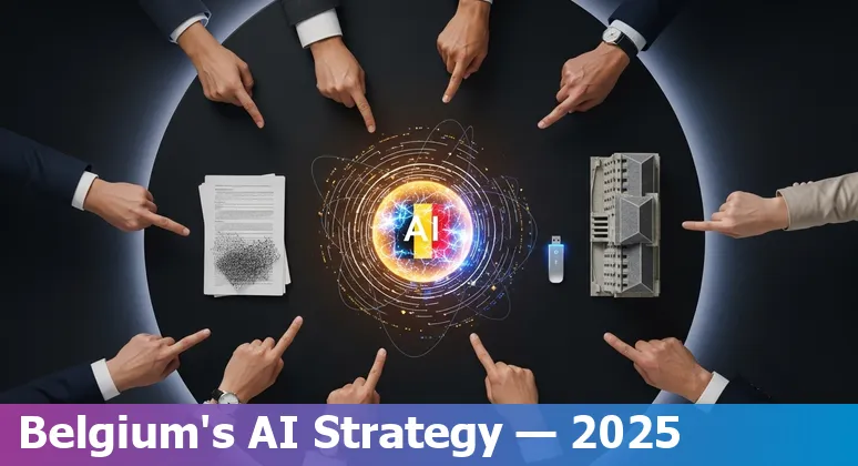 Illustration of AI in Belgian government services with cloud, data icons and the Belgian flag, representing AI use in Belgium