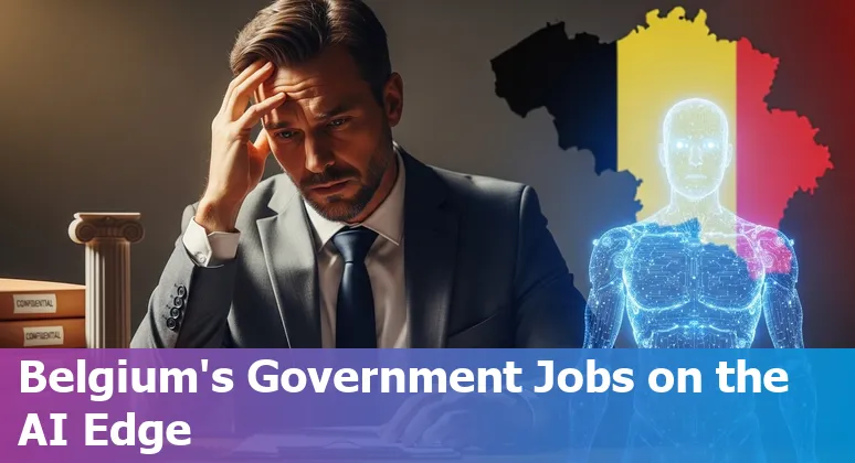 Illustration of Belgian public servants with AI icons and an adaptation checklist