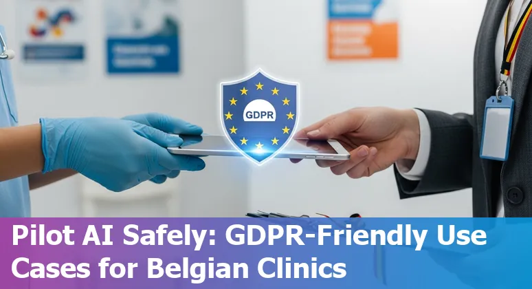 Healthcare worker reviewing AI-assisted analysis on a tablet with Belgian hospital in background.