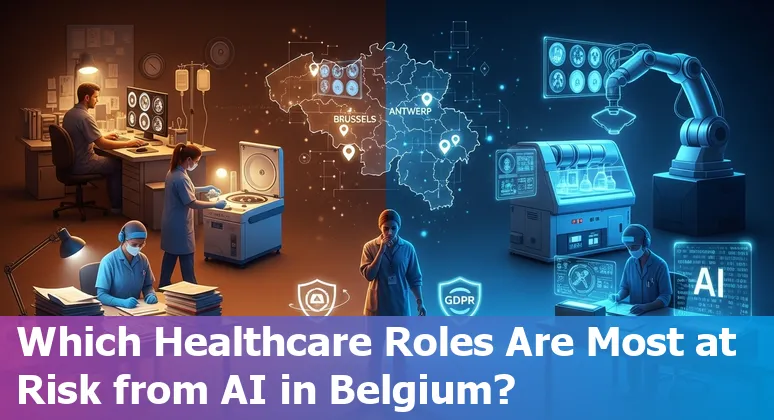 Healthcare workers in Belgium discussing AI tools beside hospital charts and GDPR paperwork