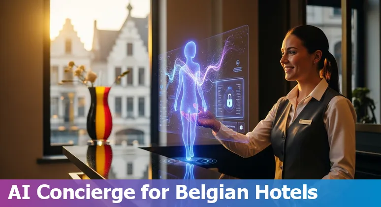 Hotel staff using AI chatbot on a laptop with Brussels skyline and Grand‑Place in the background