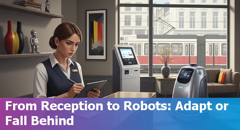 Hotel front desk with an AI kiosk beside a receptionist helping a guest in Belgium