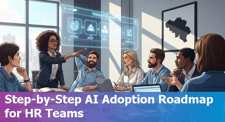 HR professional using AI on a laptop with Belgium flag on screen — AI in HR guide for Belgium 2025