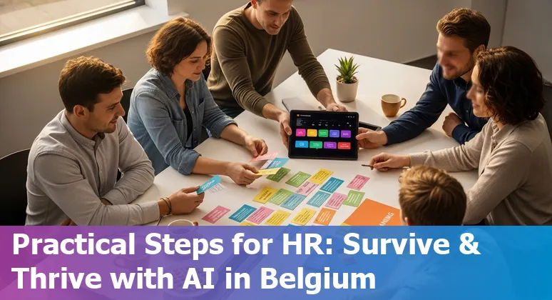 Illustration of HR and AI collaboration in Belgium office, showing Belgian flag elements and HR workers using AI tools