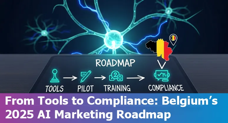 Marketing professional using AI tools in Belgium in 2025 — laptop with AI dashboards and Belgian flag