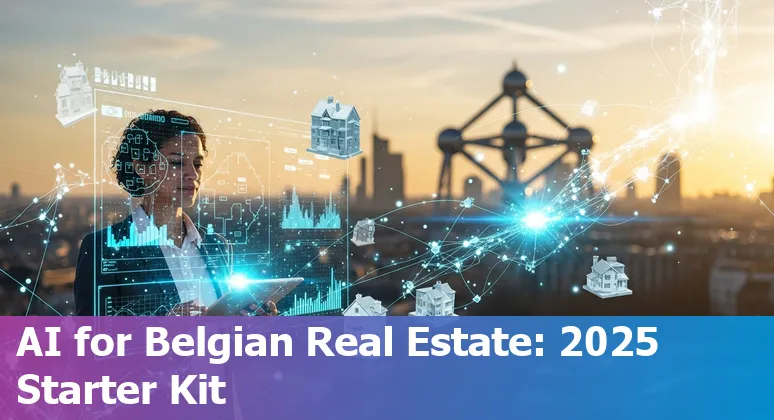 Illustration of AI tools in Belgium real estate 2025 showing agents, chatbots, virtual tours and Belgian landmarks