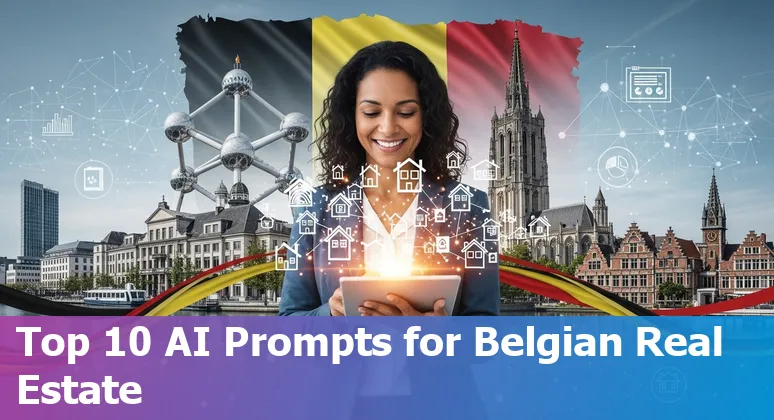 Illustration of Belgian real estate icons (Brussels, Antwerp, Ghent) with AI prompts and tool logos.
