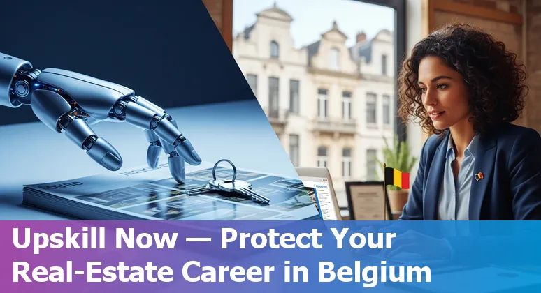 Belgian real estate agents and professionals collaborating with AI tools over a Brussels cityscape