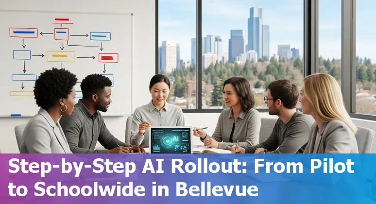 Educators in Bellevue using AI tools on laptops with a map of Bellevue, Washington in the background
