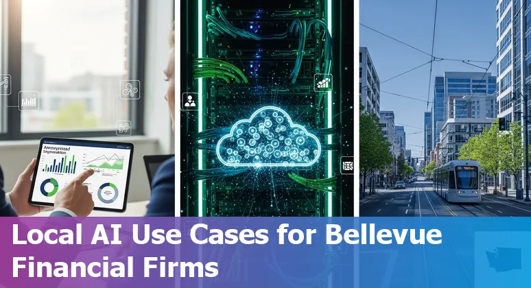 Illustration of Bellevue skyline with financial icons and AI prompts overlaid