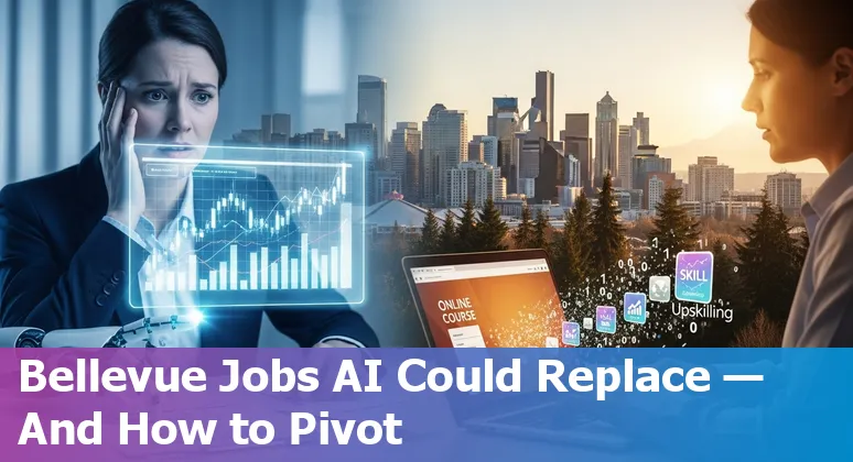 Bellevue skyline with financial icons and AI symbols showing jobs at risk and career adaptation pathways.
