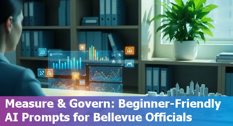 Bellevue city hall digital services illustration with AI chatbot and data dashboards.