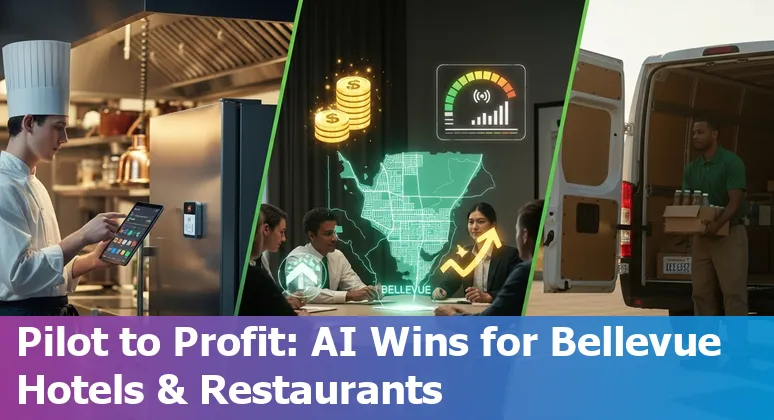 Hotel staff and AI dashboard in Bellevue, Washington hotel lobby showing cost and efficiency improvements