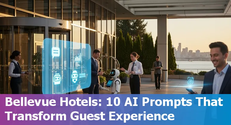 Hotel front desk using AI chatbot on tablet overlooking Bellevue skyline.