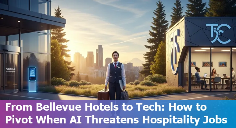 Bellevue hotel front desk with AI icons overlay, showing local skyline and tech company logos