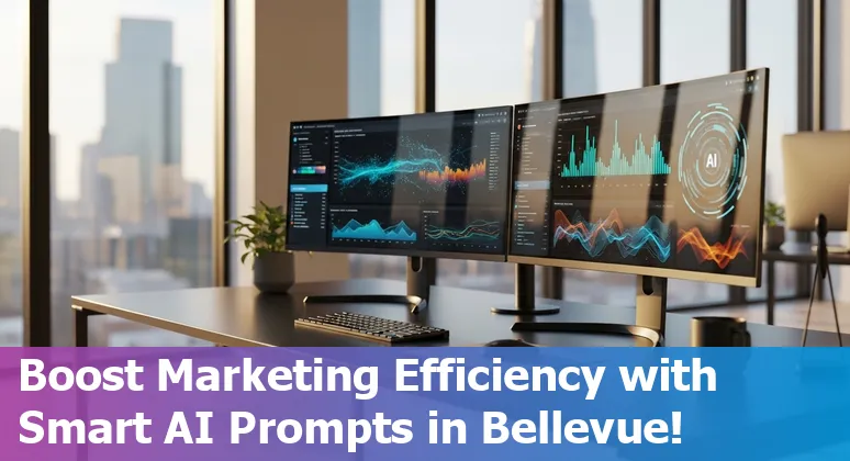 Illustration of a Bellevue marketing professional using AI-powered tools on a laptop