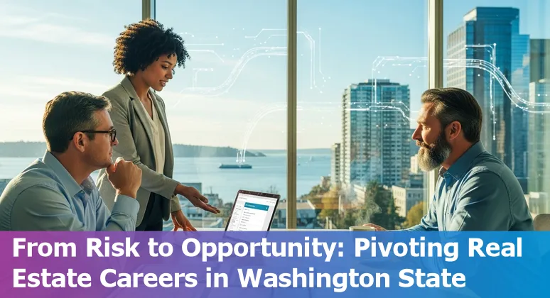Bellevue skyline with AI icons overlaying real estate roles like leasing agent, transaction coordinator, and property photographer.