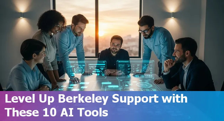 Berkeley skyline with illustrated customer service agents using AI tools like chatbots, analytics dashboards, and voice assistants.