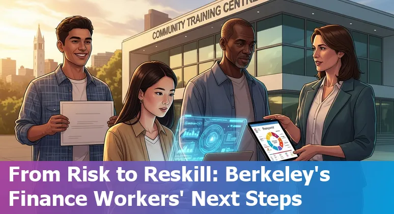 Berkeley financial services professionals adapting to AI—laptops, contracts, and a Berkeley skyline in the background.
