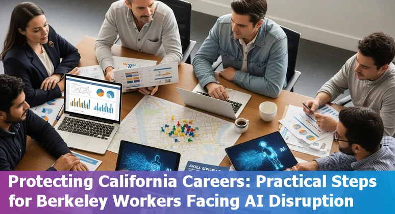 Berkeley city worker at a desk using a computer with AI icons overlaid, representing AI impact on public-sector jobs.