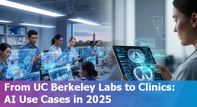 Illustration of AI in healthcare with UC Berkeley landmarks, labeled for Berkeley, California 2025.