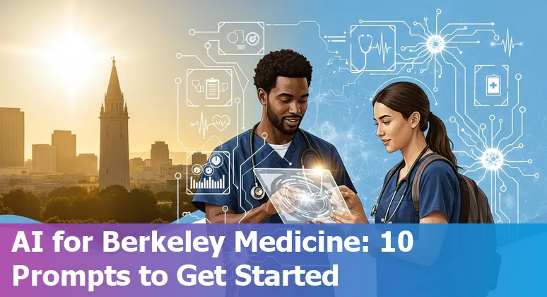 Healthcare professional using AI prompts on a laptop with Berkeley campus in the background