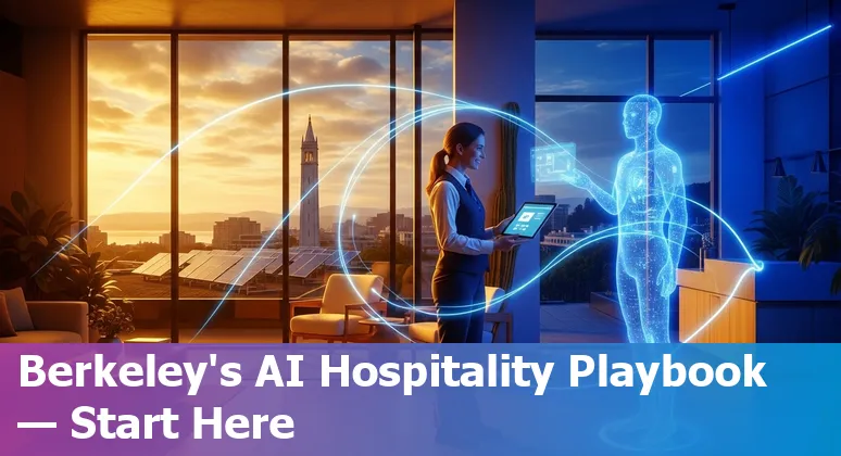 Hotel lobby with AI dashboard and UC Berkeley campus view, illustrating AI in hospitality in Berkeley, California in 2025