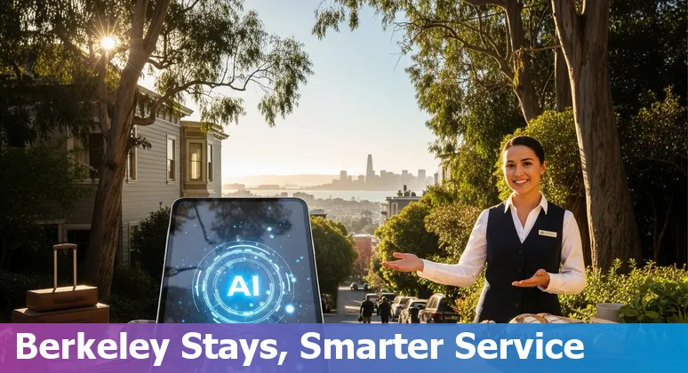 Hotel staff using AI tools on a tablet with Berkeley campus in background