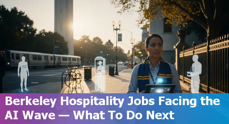 Berkeley hotel front desk with AI chatbot overlay and UC Berkeley campus in background