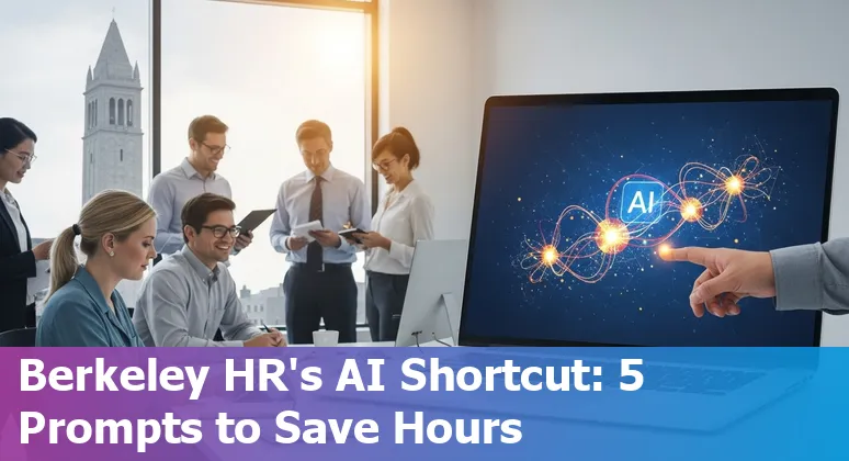 HR professional using AI prompts on a laptop while reviewing benefits and onboarding materials in Berkeley office.