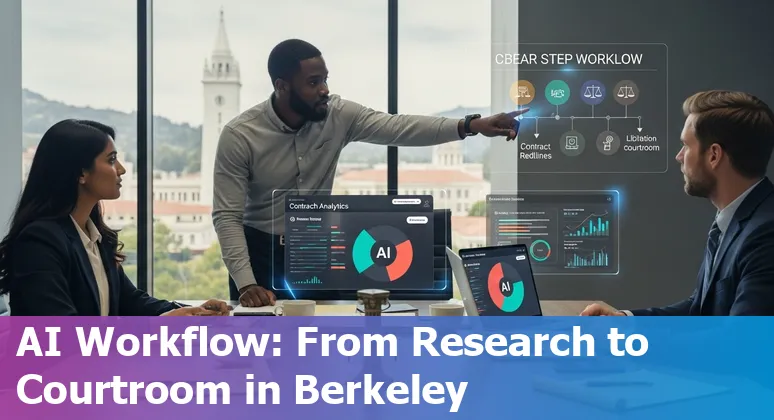 Berkeley lawyer using laptop with AI tool icons (Casetext, ChatGPT, Claude, Spellbook) and Berkeley skyline in background