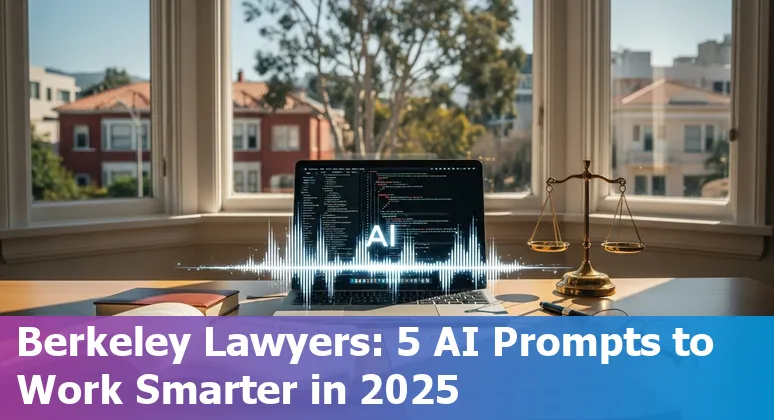 Berkeley legal professional using AI prompts to draft contracts on a laptop with landmarks of Berkeley in the background