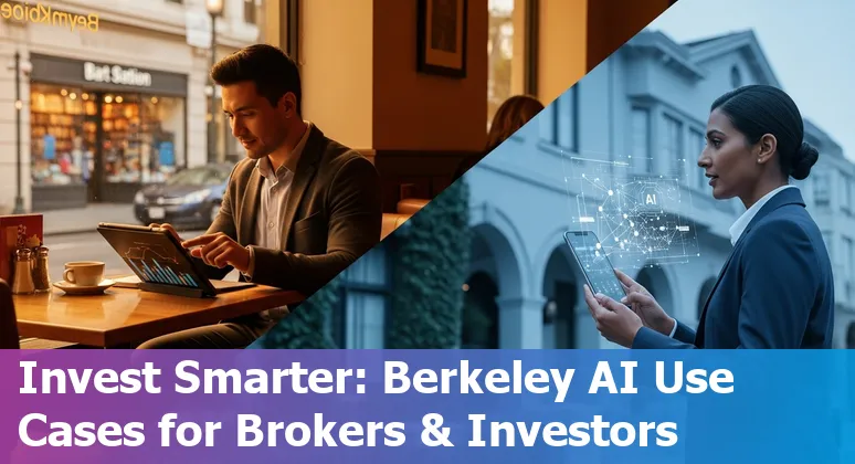 Illustration of AI-powered real estate in Berkeley with a condo, chatbot, and data charts near UC Berkeley campus.
