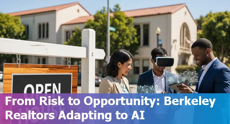 Berkeley real estate agent reviewing AI-driven property data with an assistant, showing adaptation strategies in California.