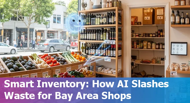 Berkeley, California retail storefront with AI data overlays showing inventory, customer insights, and delivery routes
