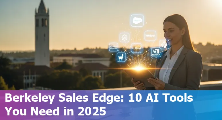 Sales professional using AI tools like Copilot and Salesforce Einstein with Berkeley skyline and SkyDeck logo in background