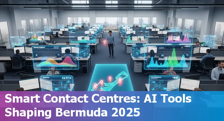 Illustration of Bermuda customer service agents using AI tools on laptops and headsets, 2025.