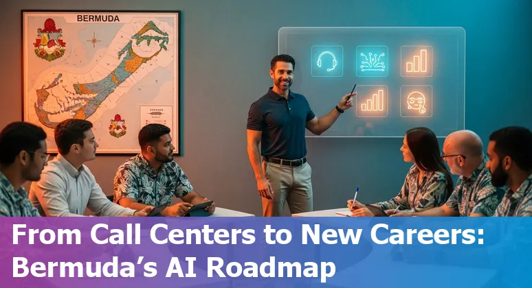 Customer service AI training and upskilling in Bermuda office, Bermuda cityscape visible