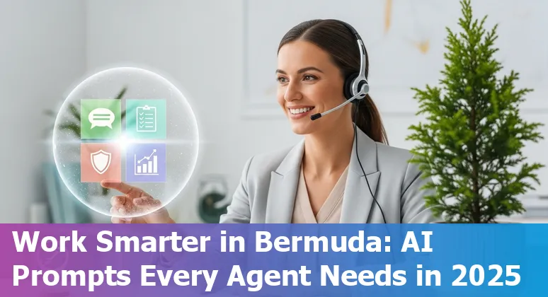 Customer service agent in Bermuda using AI prompts on a laptop with a harbor view.