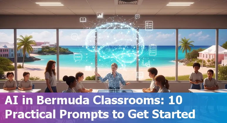 Illustration of Bermuda classroom using AI tools with icons for Wiz Learning, EDD, and Muuvment
